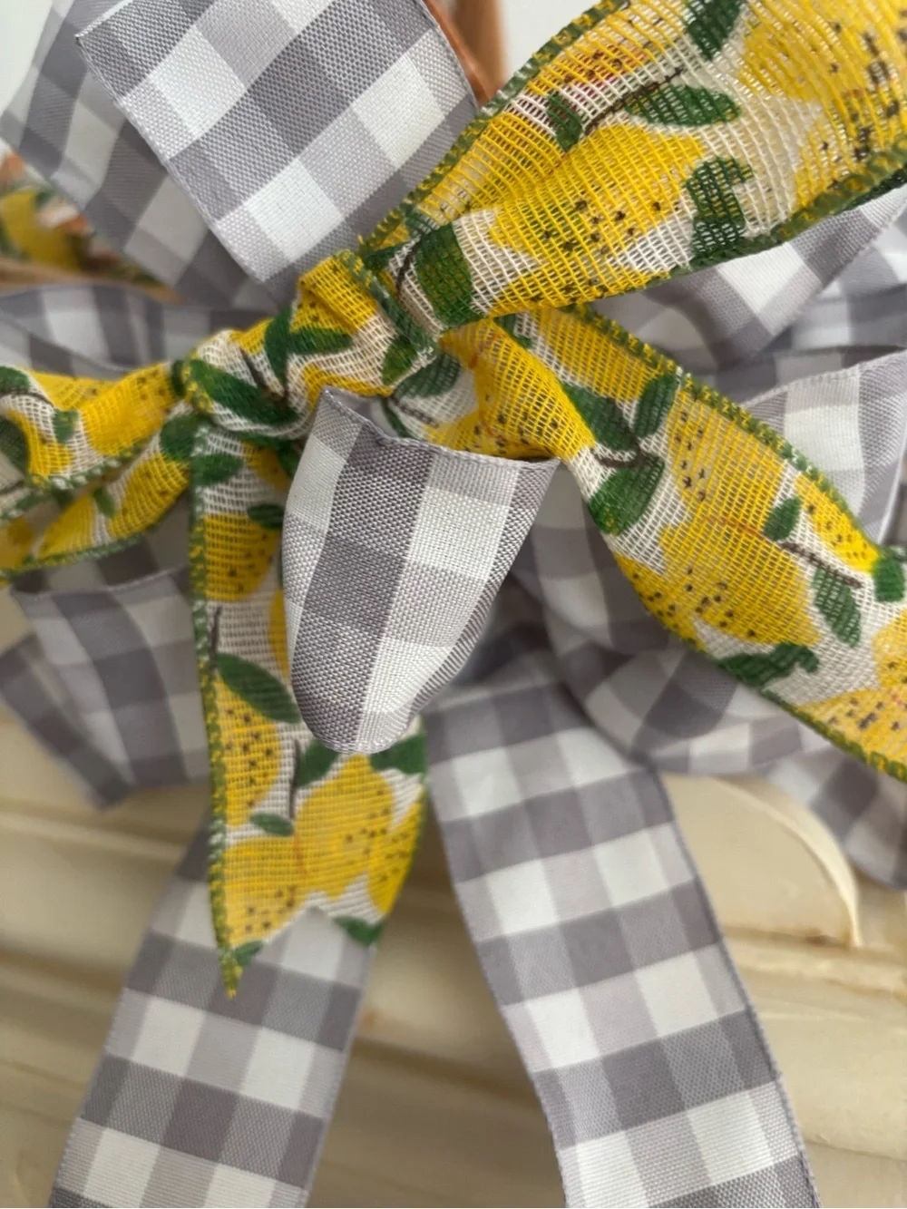 Gray Bow Country Wreath Gingham Lemon DIY Ribbon Bow - Hand Crafted Final Sale